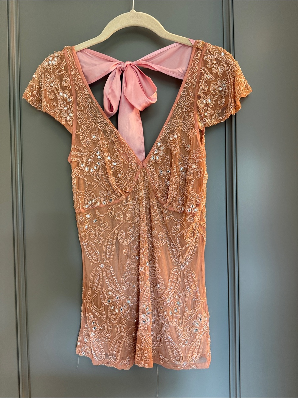 Tracy Reese Peach Beaded V-Neck Top